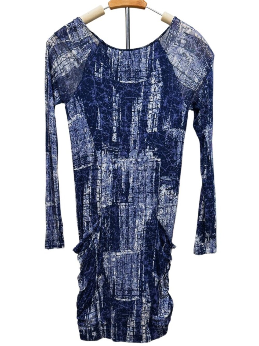 Lightweight Abstract Blue Dress Long Sleeve Deep Pockets Soft Stretchy Casual